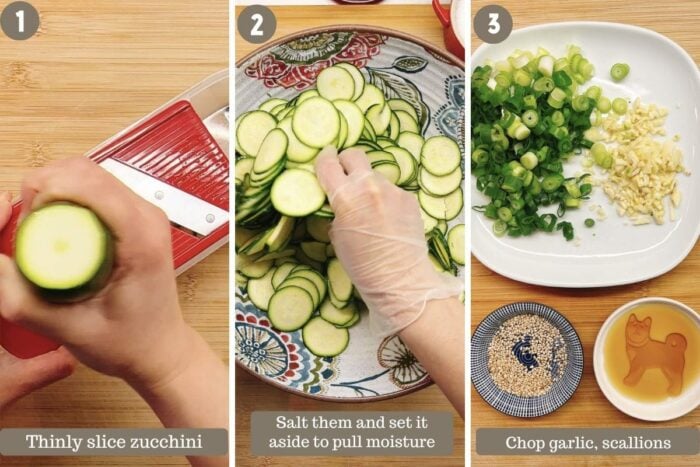 Photo shows steps on how to prepare the zucchini to make the Korean side dish