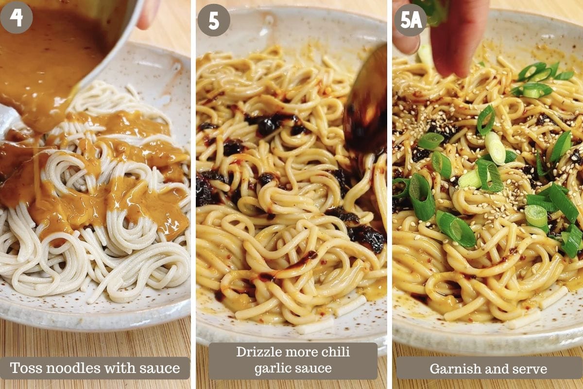 Steps showing tossing the noodles with the sauce and add the garnish