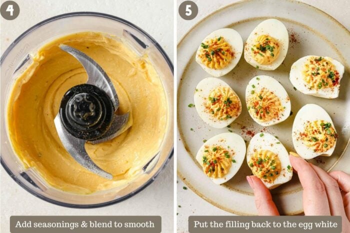 Step-by-step photo shows egg yolks blended to smooth and pipe the fillings back to the egg white