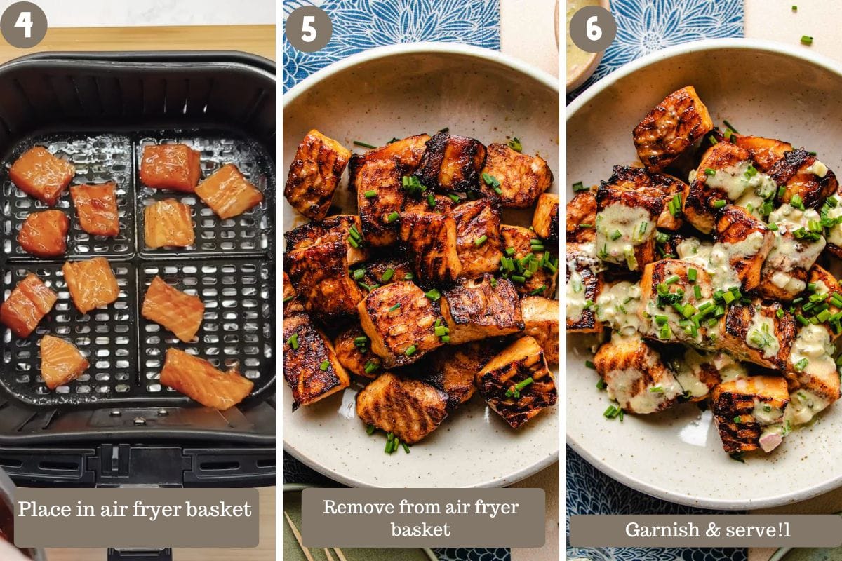 Photo shows adding salmon cubes to the air fryer and garnish after air frying.