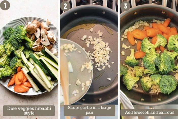 Photo shows preparing the vegetables and saute them in a big pan