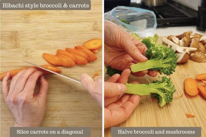 Photo shows dicing the carrots and broccoli florets