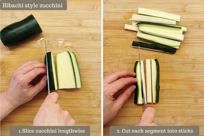 Photo shows how to slice the zucchini to matchsticks in hibachi style