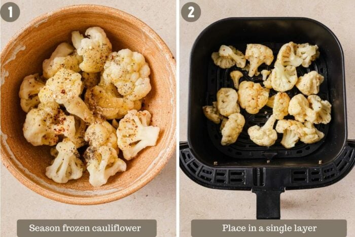 Photo shows season the frozen cauliflower in a bowl and add them to air fryer basket