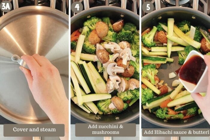 Photo shows adding the veggies and sauce to the pan to complete cooking