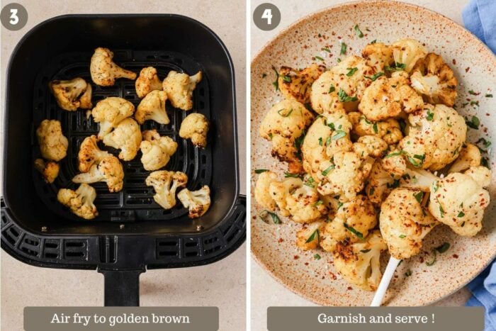 Photo shows after cauliflower florets are air fried and served on a plate