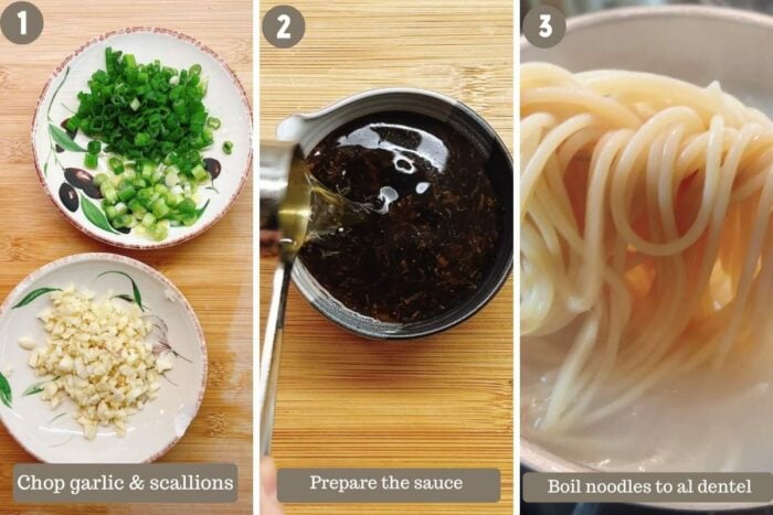 Photo shows preparing the ingredients and boil the noodles