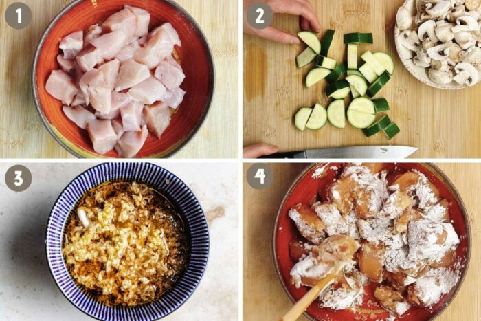 A step-by-step photos shows slicing the chicken and vegetables, make the sauce before stir-frying
