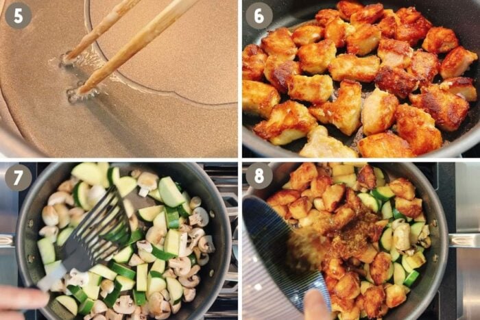 A step-by-step photo shows getting the pan hot, pan fry the chicken, saute the veggies to put the dish together