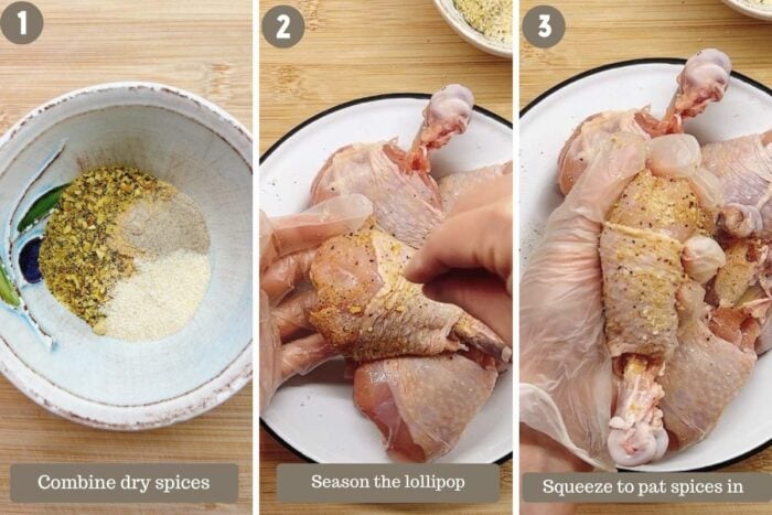 Step-by-step photo shows seasoning the chicken lollipops with dry spices