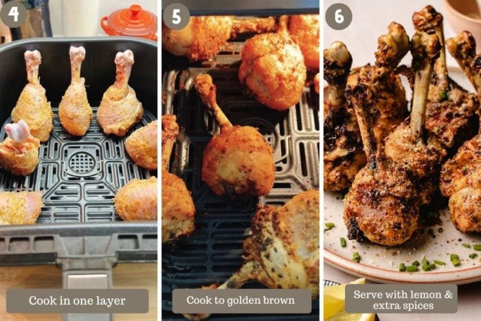Step-by-step photo shows air frying the chicken lollipops to golden crispy