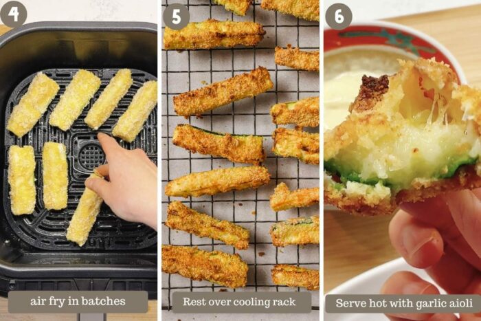 Step-by-step photo shows air frying zucchini sticks and cool them over cooking rack
