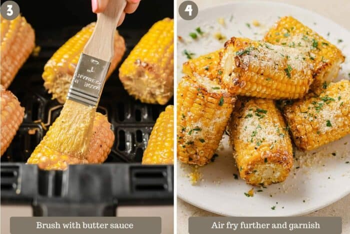 Photo shows brushing the corn cobs with butter sauce to air fryer and garnish on top before serving