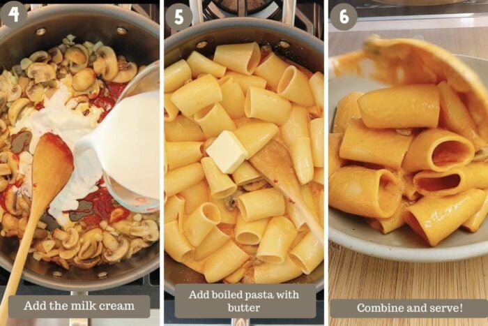 Step-by-step photo shows adding milk cream, boiled pasta noodles, and butter to toss and combine