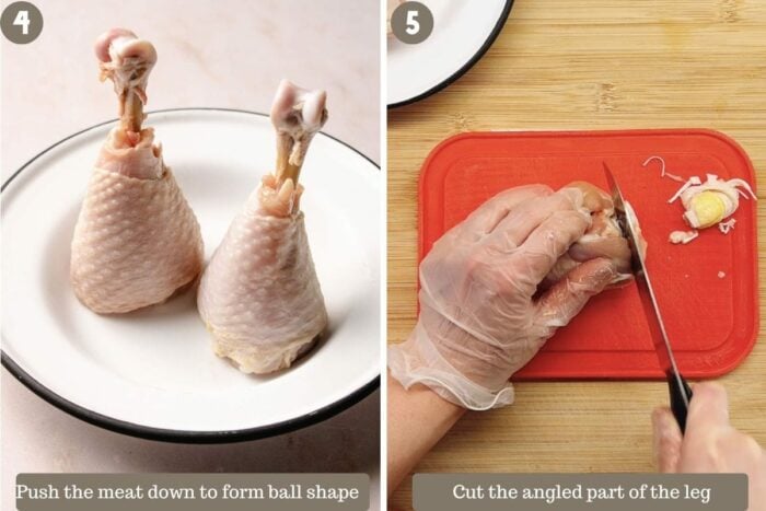 Step-by-step photo shows how to trim the chicken drumsticks to lollipop