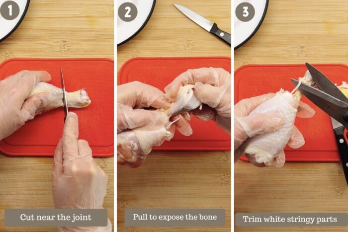 step-by-step photo shows how to french chicken drumsticks