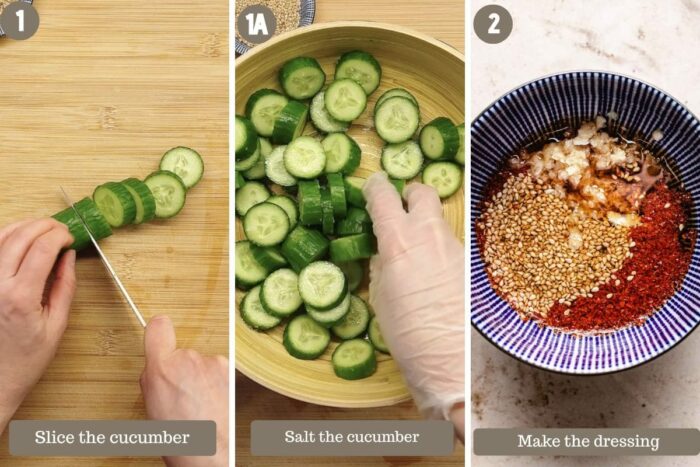 Step-by-step photo shows slicing and salting the cucumbers. Make the dressing on the side.