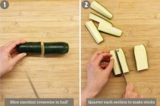 Step-by-step images show hands slicing a zucchini for air fryer zucchini fries: cut crosswise in half, then quarter into sticks on a wooden cutting board. Text instructions appear at the bottom of each photo.