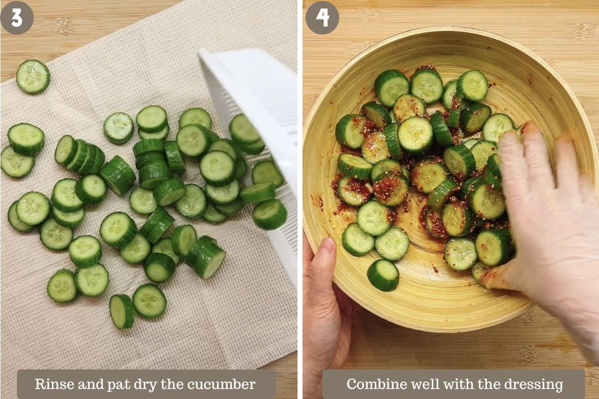 Step-by-step photo shows pat dry the cucumber and combine with the dressing