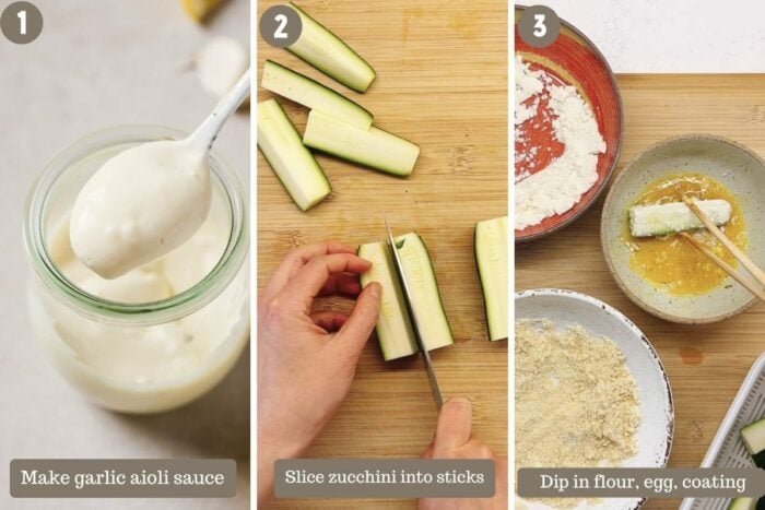 Step-by-step photo shows preparing aioli sauce and zucchini sticks for air frying
