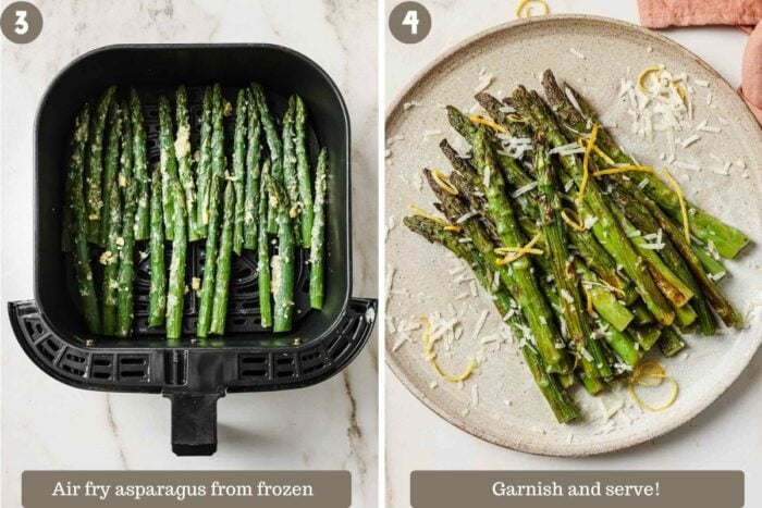 Step by step photo shows placing frozen asparagus spears inside of air fryer basket to air fry