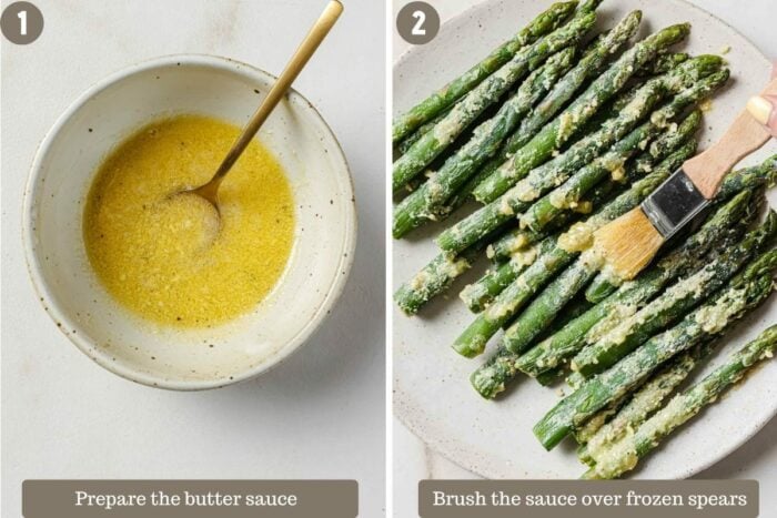 Step-by-step photo shows mixing the butter sauce and brush it over frozen asparagus spears