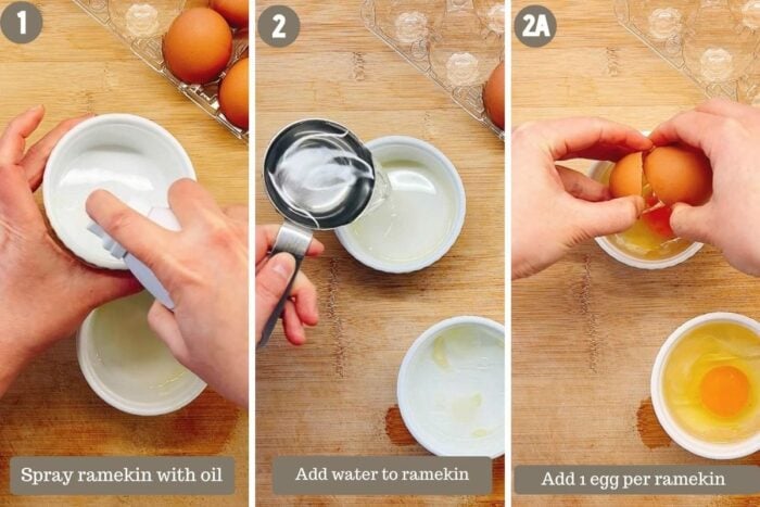 A step-by-step photo shows how to prepare the ramekins for poached eggs in air fryer