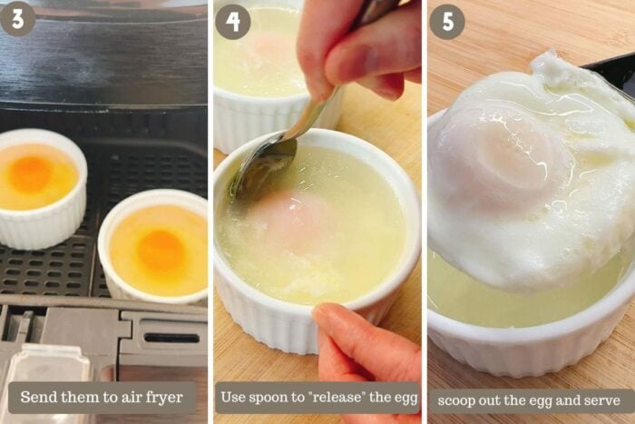 A step-by-step photo shows how to release the air fryer poached egg from the ramekin after air frying