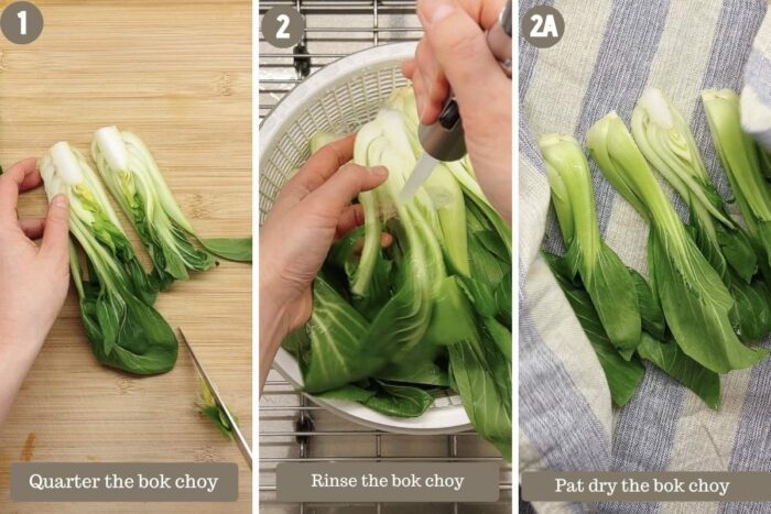 Step-by-step photo shows quarter the bok choy, rinse, and pat them dry