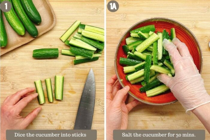 Step-by-step photo shows cutting the cucumber into sticks