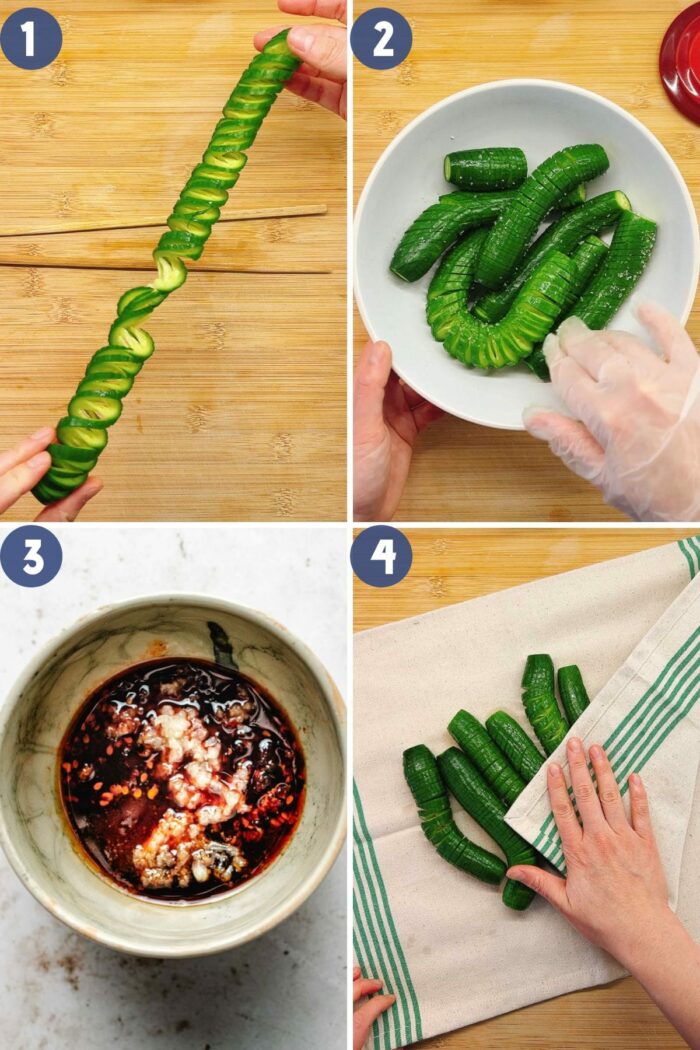 A step-by-step photo shows how to slice the cucumbers, make dressing, and pat dry the cucumbers