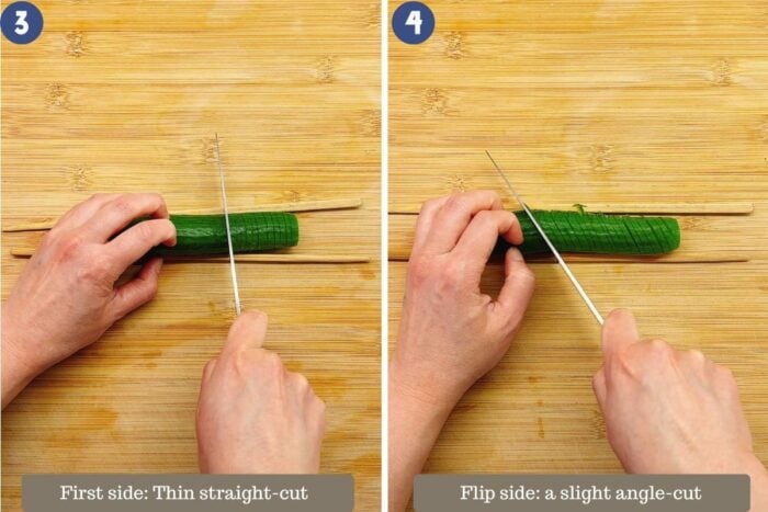 step-by-step photo show how to spiral slice the cucumbers