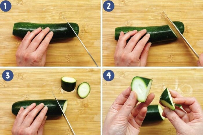 Step by step photo shows how to roll cut (oblique cut) squash