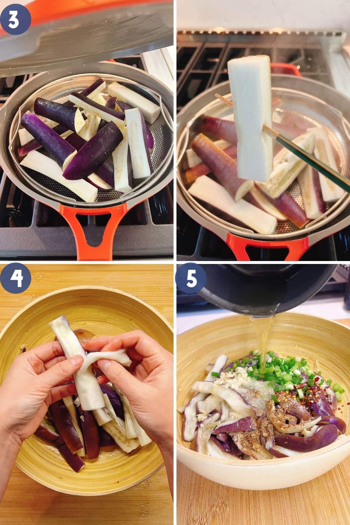 A step-by-step photo shows how to steam Chinese eggplants