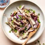 A recipe image shows steamed Chinese eggplants tossed in garlic soy sauce dressing served on a white plate