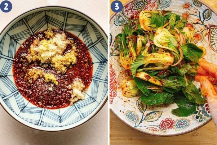 A step-by-step photo shows kimchi seasoning sauce in a bowl and combine the sauce with bok choy.