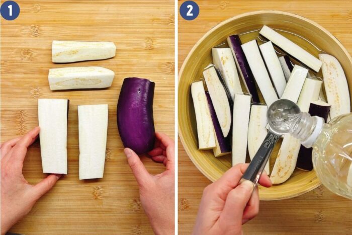 A step-by-step photo shows how to cut Chinese eggplants and soak them in vinegar water