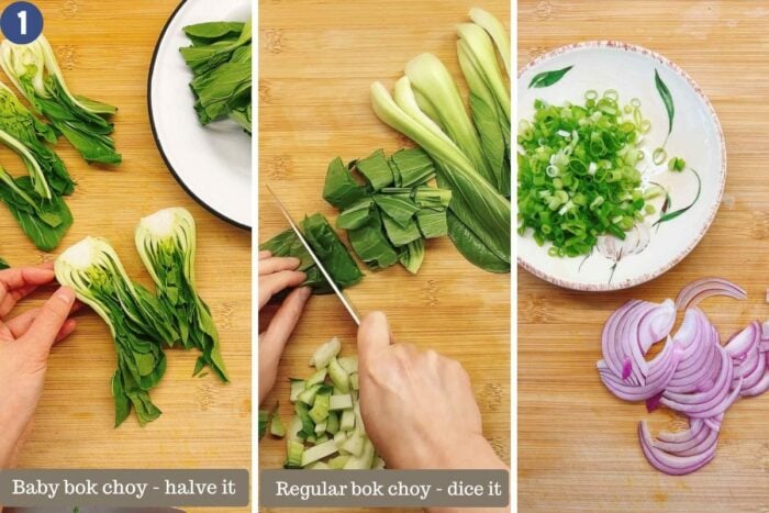 Step-by-step photo shows how to dice the bok choy before making kimchi
