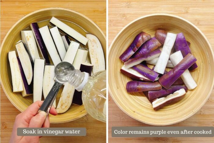 A step-by-step photo shows why soaking Chinese eggplants in vinegar and how to keep them in purple color after steaming