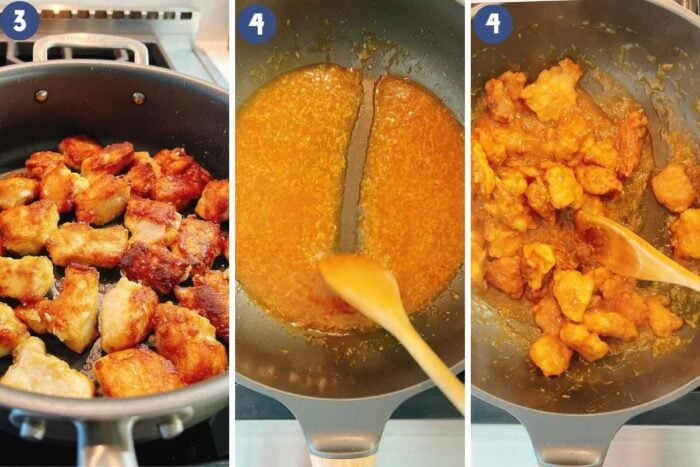 A step-by-step photo shows you can also pan fry the chicken on stovetop, thicken the orange sauce, then add the chicken to the sauce