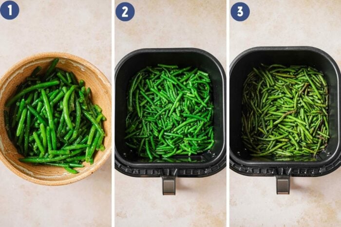 Person demos how to season and air fry frozen green beans