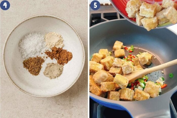 Person demos putting together salt and pepper seasoning and stir fry the tofu on a stovetop