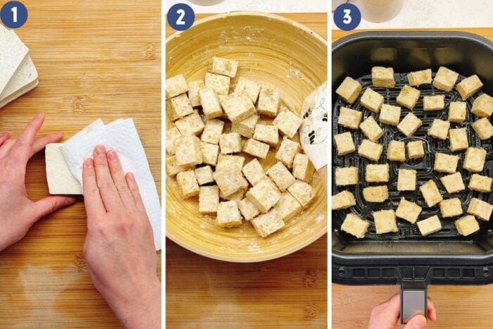 Person demos how to pat dry the tofu, season, and air frying the tofu