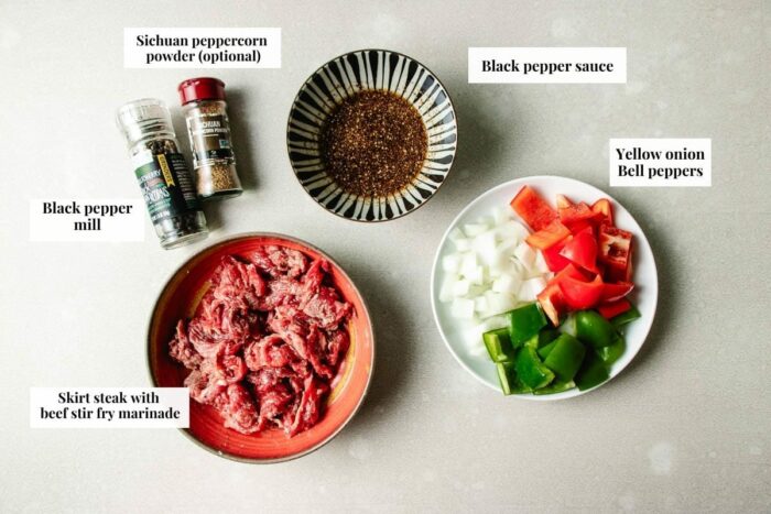 Photo shows ingredients used to make black pepper sauce and beef