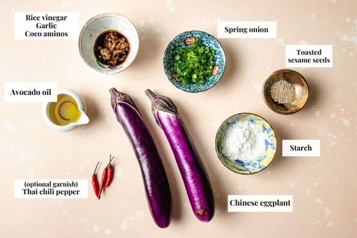 Ingredient photo shows what are needed to make healthy Chinese air fryer eggplant