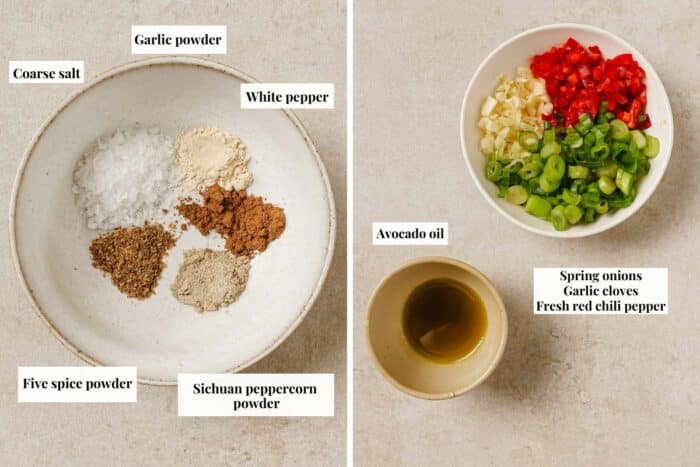 Photo shows ingredients for salt and pepper seasoning, plus chopped aromatics in a bowl.