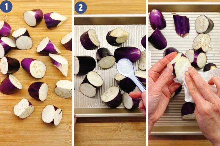 Person demos slicing, salting, and pat drying Asian eggplant