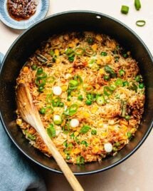 Photo shows air fryer vegetable fried rice made inside of a cake pan