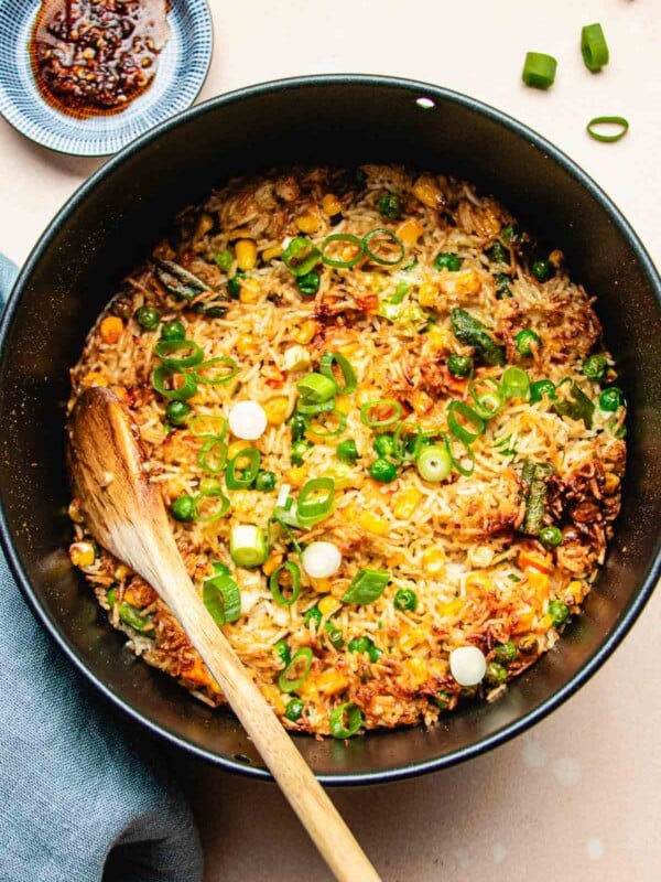 Photo shows air fryer vegetable fried rice made inside of a cake pan