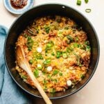 Recipe for fried rice made in air fryer inside of a cake pan